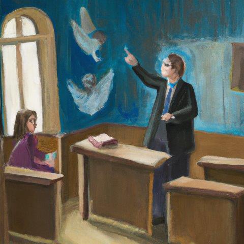 Angel watching over a teacher in a classroom